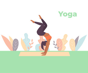 Banner template of yoga woman. Modern flat design concept of web page design for website. Woman does yoga exercise, yoga pose. Vector illustration.