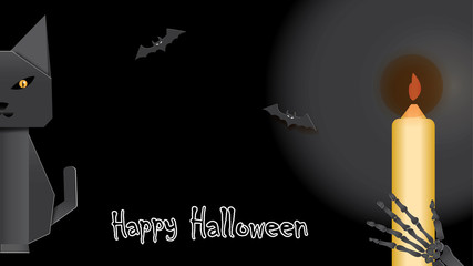 Fototapeta premium Background with origami cat,bats,ghost hand and Happy Halloween lettering.