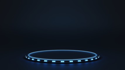 3D Rendering of blank empty metallic glossy surface product stand with blue led glow neon decoration. Circle shape. For furutistic technology concept, high tech product display, gadget showcase