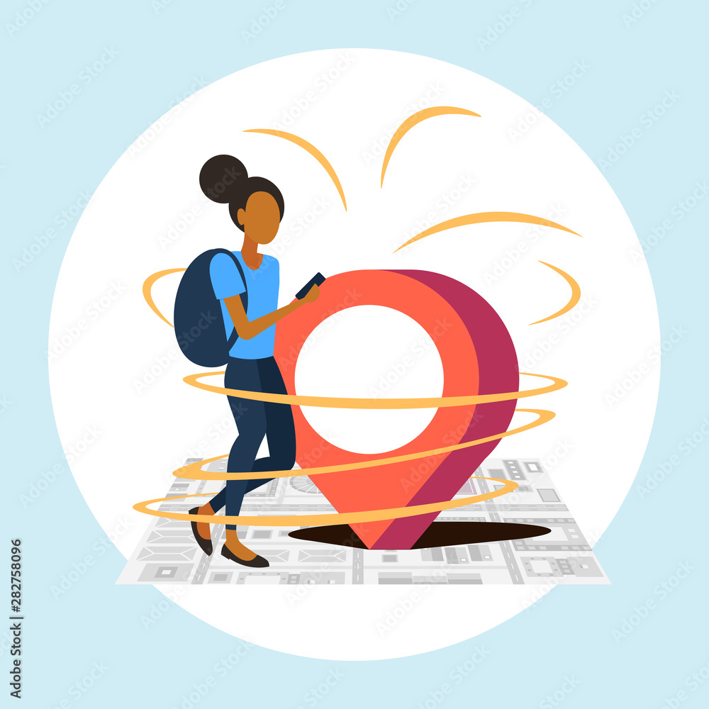 Poster woman using mobile navigation app with location marker gps position on city urban top angle view map