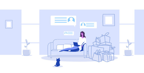 woman with purchases sitting on couch using laptop girl doing online shopping e-commerce concept modern living room interior sketch full length horizontal vector illustration