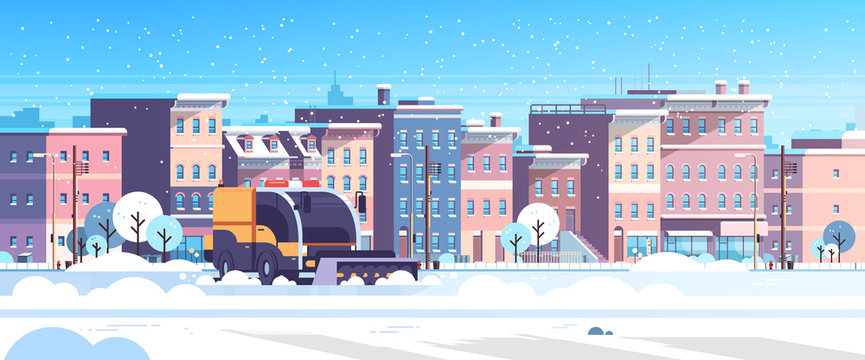 Snow Plow Truck Cleaning Urban Residential Area Streets Winter Snow Removal Concept Modern City Buildings Cityscape Background Flat Horizontal