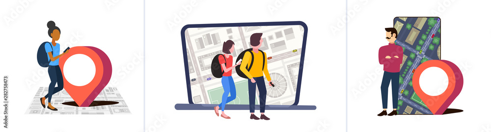 Poster set people using navigation app with location marker gps position on city urban map with buildings a
