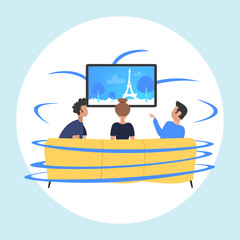 people sitting on sofa rear view friends watching famous landmarks tv travel show concept paris city silhouette on television flat portrait