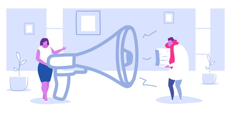 businesswoman boss screaming with megaphone on overworked man holding paper stack tired office worker paperwork deadline concept sketch doodle horizontal full length vector illustration
