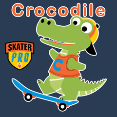 crocodile the funny skater, vector cartoon illustration