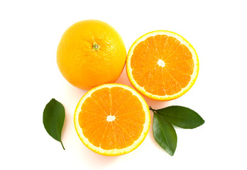 Citrus is a fruit that has high vitamin C, half cut orange, has a shadow and has leaves on a white background.