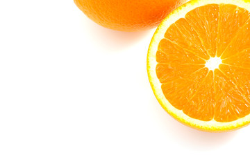 Citrus is a fruit that has high vitamin C, half cut orange, has a shadow  white background.