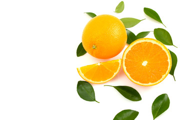Citrus is a fruit that has high vitamin C, half cut orange, has a shadow and has leaves on a white background.