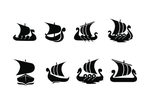 set viking boat ship black logo icon design vector illustration