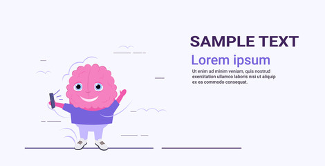 cute human brain taking selfie photo pink cartoon character using smartphone camera kawaii style horizontal sketch copy space
