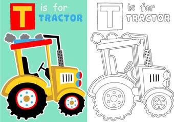 vector cartoon of tractor, coloring page or book
