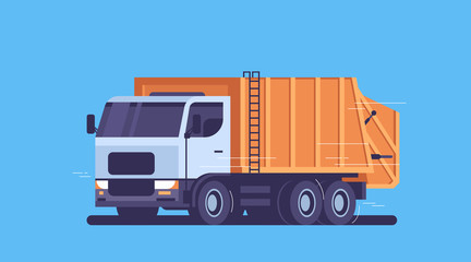 orange garbage truck urban sanitary vehicle waste transportation street cleaning service concept flat horizontal blue background