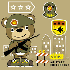 bear the army of city guard with military logo, vector cartoon illustration