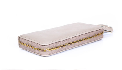 Closeup modern grey woman wallet fashion on white background