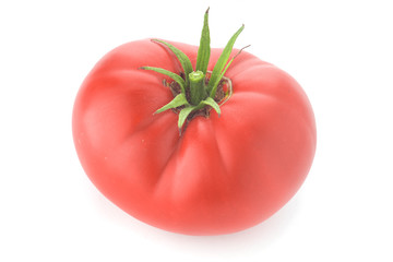 red tomato with green little leaves on isolated white background
