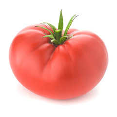 red tomato with green little leaves on isolated white background