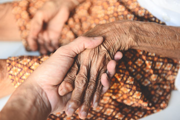 Senior patient and nurse - Pulse measurement by hand check the heart beat patient hand for a radial pulse by touching fingers - Hands of the old woman and a young man