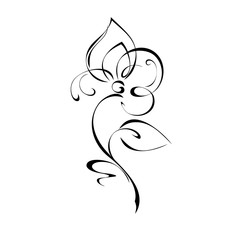 stylized flower on a stem with one leaf in black lines on a white background