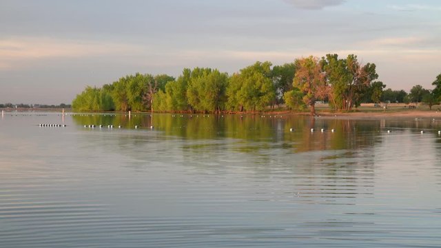 Early morning on an empty swimming beach in Boyd Lake State Park in northern Colorado