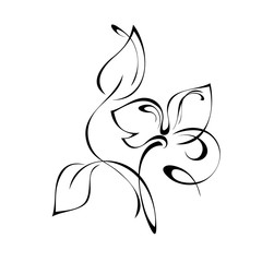 stylized flower on a short stem with leaves in black lines on a white background
