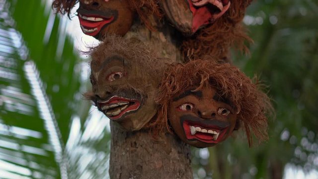 Balinese wood masks made of old coconuts hanging on a palm tree. Balinese culture concept