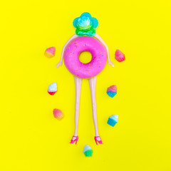  Sweet  donut doll. Minimal creative flat lay art