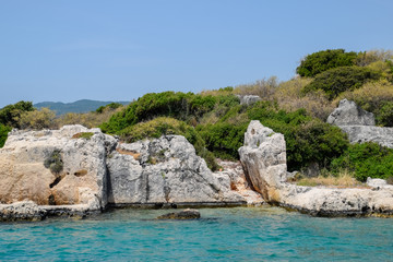ruins of the ancient city of Kekova on the shore.
