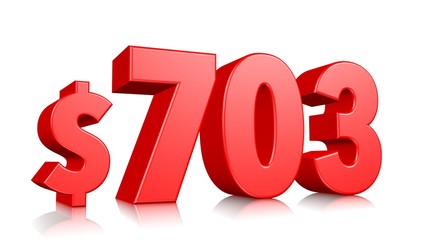 703$ Seven hundred three price symbol. red text number 3d render with dollar sign on white background
