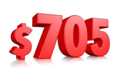 705$ Seven hundred five price symbol. red text number 3d render with dollar sign on white background