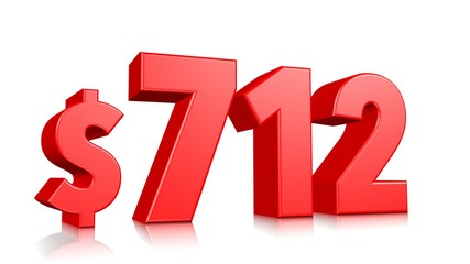 712$ Seven hundred and twelve price symbol. red text number 3d render with dollar sign on white background