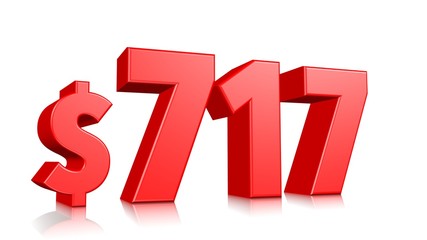 717$ Seven hundred seventeen price symbol. red text number 3d render with dollar sign on white background