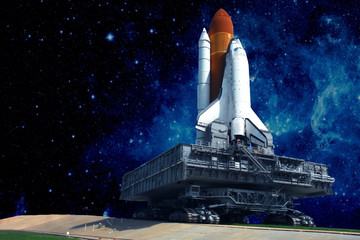 The launch pad of the spaceship, against the background of the beautiful star sky. Elements of this image were furnished by NASA - Powered by Adobe