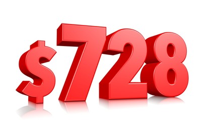 728$ Seven hundred twenty-eight price symbol. red text number 3d render with dollar sign on white background