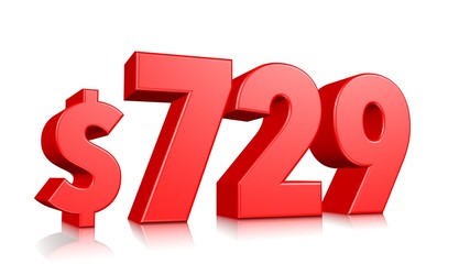 729$ Seven hundred twenty nine price symbol. red text number 3d render with dollar sign on white background
