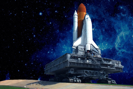 The launch pad of the spaceship, against the background of the beautiful star sky. Elements of this image were furnished by NASA