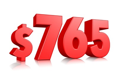 765$ Seven hundred sixty five price symbol. red text number 3d render with dollar sign on white background