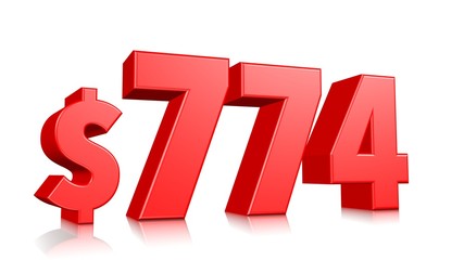 774$ Seven hundred seventy four price symbol. red text number 3d render with dollar sign on white background