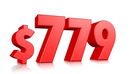 779$ Seven hundred seventy nine price symbol. red text number 3d render with dollar sign on white background