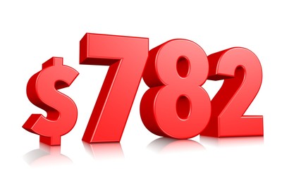 782$ Seven hundred nine eighty two price symbol. red text number 3d render with dollar sign on white background