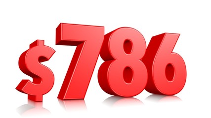 786$ Seven hundred eighty six price symbol. red text number 3d render with dollar sign on white background