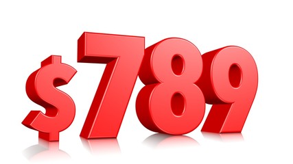 789$ Seven hundred eighty nine  price symbol. red text number 3d render with dollar sign on white background