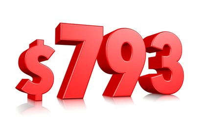 793$ Seven hundred ninety three  price symbol. red text number 3d render with dollar sign on white background