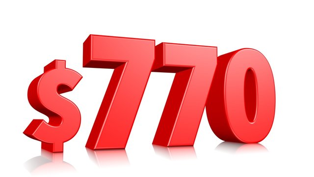 770$ Seven hundred seventy price symbol. red text number 3d render with dollar sign on white background
