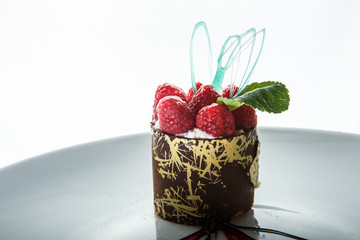 closeup chocolate dessert with fresh raspberry decoration