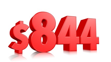 844$ Eight hundred forty-four price symbol. red text number 3d render with dollar sign on white background