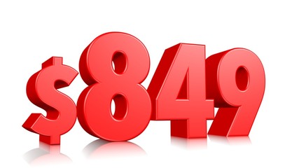 849$ Eight hundred forty-nine price symbol. red text number 3d render with dollar sign on white background