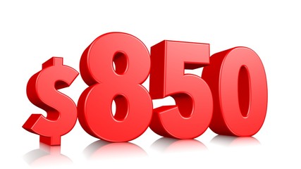 850$ Eight hundred and fifty price symbol. red text number 3d render with dollar sign on white background