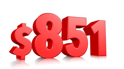 851$ Eight hundred fifty-one price symbol. red text number 3d render with dollar sign on white background