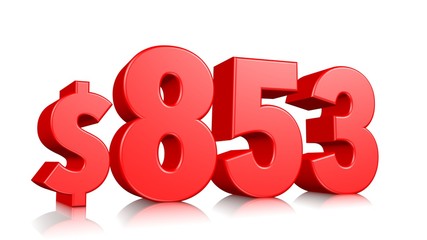 853$ Eight hundred fifty-three price symbol. red text number 3d render with dollar sign on white background